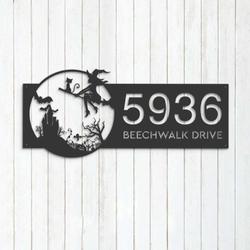Personalized Witch and Black Cat Flying Halloween Address Sign House Number Plaque