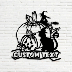 Personalized Witch Cat and Pumpkin Metal Wall Art Scary Black Cat Signs Halloween Decoration for Home