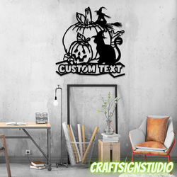 personalized witch cat and pumpkin metal sign scary black cat signs halloween decoration for home 1