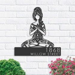 personalized yoga girl in hippie style namaste address sign house number plaque custom metal sign 1