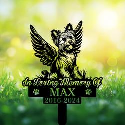 Personalized Yorkshire Terrier Grave Marker Angel Yorkie Sitting Memorial Stake for Garden or Cemetery