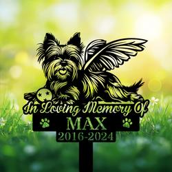 Personalized Yorkshire Terrier Grave Marker Custom Angel Dog Memorial Stake with Ball for Pet Loss Tribute