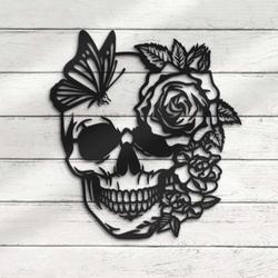 Rose Sugar Skull Metal Wall Art Butterfly Skull Signs Halloween Decoration for Home