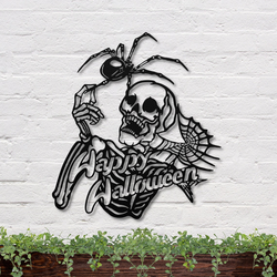 Skeleton With Spider Metal Wall Art Spiderweb Signs Halloween Decoration for Home