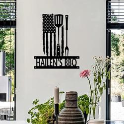 US Flag BBQ Sign Backyard Grill Patio Custom Metal Wall Art