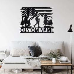 us flag men hiking mountain custom metal sign 2