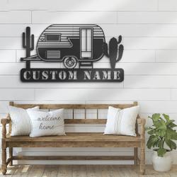 vintage trailer with catus metal wall art personalized metal name sign camping sign home decor 1