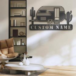 vintage trailer with catus metal wall art personalized metal name sign camping sign home decor 3