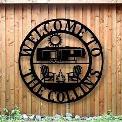 welcome to campground 5th wheel camper rv decor family name sign anniversary birthday gift custom metal sign 1