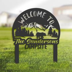 Wele to Our Campsite Sign with Stake Bear and Mountain Landscape Camper RV Decor Camping