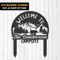 welcome to our campsite sign with stake bear and mountain landscape camper rv decor camping custom metal signs 1
