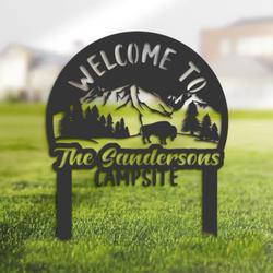 Wele to Our Campsite Sign with Stake Bison and Mountain Landscape Camper RV Decor Camping