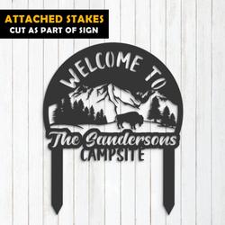 welcome to our campsite sign with stake bison and mountain landscape camper rv decor camping custom metal signs 1