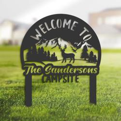Wele to Our Campsite Sign with Stake Deer and Mountain Landscape Camper RV Decor Camping