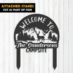 welcome to our campsite sign with stake deer and mountain landscape camper rv decor camping custom metal signs 1
