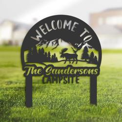 Wele to Our Campsite Sign with Stake Moose and Mountain Landscape Camper RV Decor Camping
