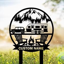 Wele to Our Campsite Sign with Stake Mountain Scene Travel Trailer Camper RV Decor Camping