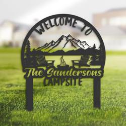 Wele to Our Campsite Sign with Stake Wild Natural Landscape Camper RV Decor Camping
