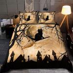 black cat on broom witch cat bed set halloween vibe great gift bedding cover with 2 pillowcases 100 polyester 0