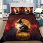cool cat wear witch hat under moon night bed set halloween mode bedding cover with 2 pillowcases 100 polyester 0