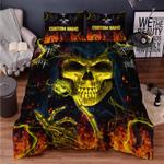 custom name golden lucifer morning star satanic coin grim reaper fire skull bedding cover with 2 pillowcases 100 polyester 0