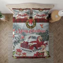 Cute Puppy Merry Christmas Bedding Set Dog Red Truck Cardinal Xmas Town Fbvu030802  FBVU030802