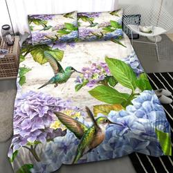 Green Hummingbird Bedding Set Beach Summer Blue Purple Hydrangea Flower