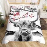 highland cattle bedding set cattle cherry flower bloom cattle lover bedding cover with 2 pillowcases 100 polyester 0