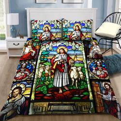 Jesus And Sheep Bedding Set Church Glass Painting Bedding Set Special Gift For Christian