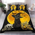 mysterious cat witch skull and pumpkin pattern red moon background bedding cover with 2 pillowcases 100 polyester 0