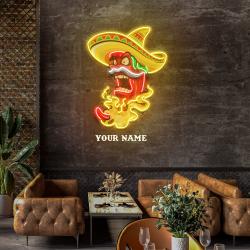 custom name mexican red hot chili pepper with hat artwork led neon sign light 2