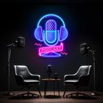 custom podcast led neon sign artwork with microphone and headphones 0