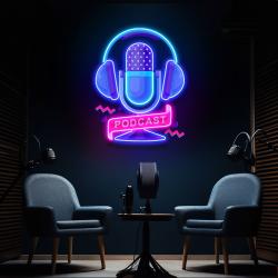 custom podcast led neon sign artwork with microphone and headphones 1