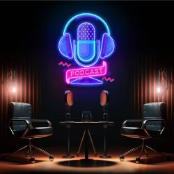 custom podcast led neon sign artwork with microphone and headphones 2