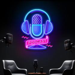 custom podcast led neon sign artwork with microphone and headphones 3
