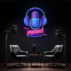 custom podcast led neon sign artwork with microphone and headphones 4