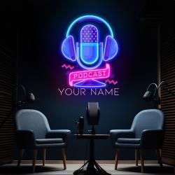 custom podcast led neon sign artwork with microphone and headphones 5