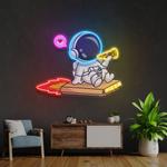 cute astronaut riding pizza box rocket and eating pizza artwork led neon sign light 0