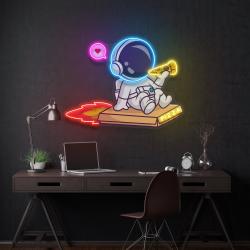 cute astronaut riding pizza box rocket and eating pizza artwork led neon sign light 1