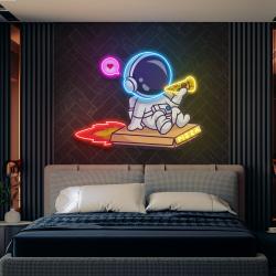 cute astronaut riding pizza box rocket and eating pizza artwork led neon sign light 2