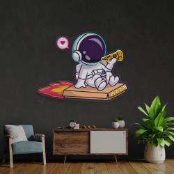cute astronaut riding pizza box rocket and eating pizza artwork led neon sign light 3