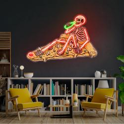 pop art skull drunk on pizza artwork led neon sign light 1