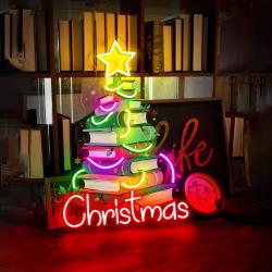 Christmas Colorful Books LED Neon Sign, Festive Book Lover Decor, Holiday Reading Neon Light, Cozy Christmas Wall Art, Library LED Sign