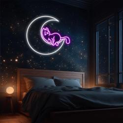 Cat On Moon Neon Sign, Moon Cat LED Wall Art, Kids Room Decor