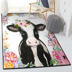 Cow Large Living Room Rugs, Floral Cute Cow Rug