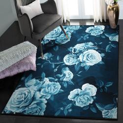 Floral Design Living Room Rugs, Blue Rose Floral Flower Rug