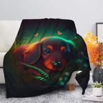 cute baby dachshund bedded down in the grass safe and cozy fireflies moonlight premium blanket 0