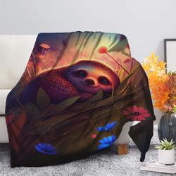 Animal Cute Sloth Bedded Down In The Grass Safe And Cozy Fireflies Moonlight Premium Fleece Sherpa Blanket