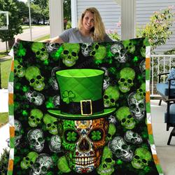 Irish Skull Saint Patrick Day Fleece Sherpa Blanket Perfect And Unique Gifts For Family On Christmas